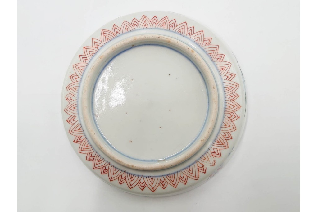 江戸期　古伊万里　直径約13cm(4.2寸)　染錦で描かれた花唐草文が華やかな小皿5枚セット　(R-087886)