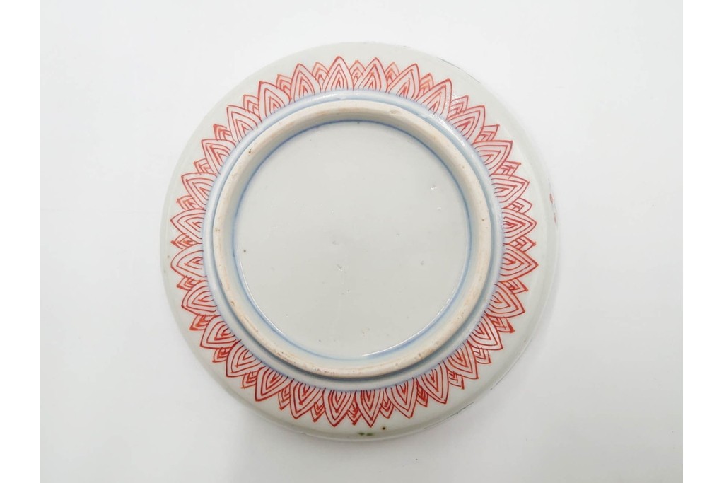 江戸期　古伊万里　直径約13cm(4.2寸)　染錦で描かれた花唐草文が華やかな小皿5枚セット　(R-087886)