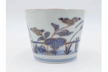 江戸期　古伊万里　染付・金彩　草花文が描かれたそば猪口4点セット　(R-087888)
