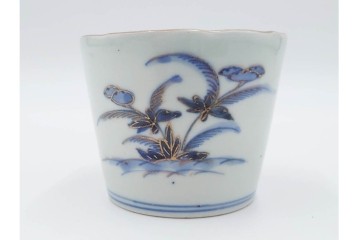 江戸期　古伊万里　染付・金彩　草花文が描かれたそば猪口4点セット　(R-087888)