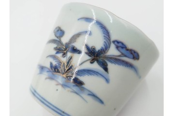 江戸期　古伊万里　染付・金彩　草花文が描かれたそば猪口4点セット　(R-087888)