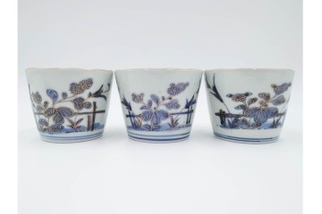 江戸期　古伊万里　染付・金彩　草花文が描かれたそば猪口4点セット　(R-087888)