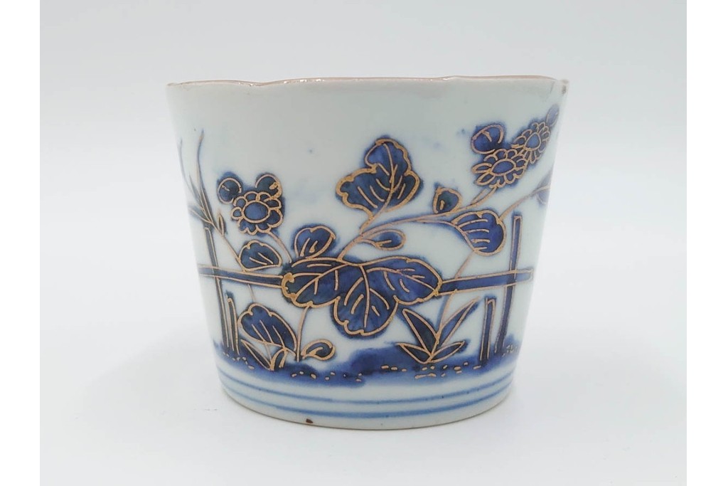 江戸期　古伊万里　染付・金彩　草花文が描かれたそば猪口5点セット　(R-087889)