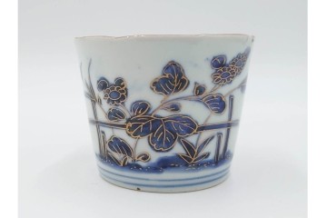 江戸期　古伊万里　染付・金彩　草花文が描かれたそば猪口5点セット　(R-087889)