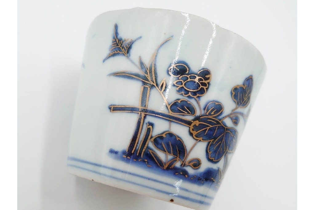 江戸期　古伊万里　染付・金彩　草花文が描かれたそば猪口5点セット　(R-087889)