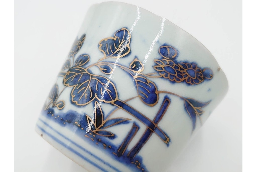 江戸期　古伊万里　染付・金彩　草花文が描かれたそば猪口5点セット　(R-087889)