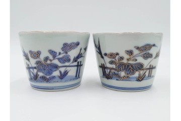 江戸期　古伊万里　染付・金彩　草花文が描かれたそば猪口5点セット　(R-087889)