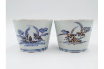 江戸期　古伊万里　染付・金彩　草花文が描かれたそば猪口5点セット　(R-087889)