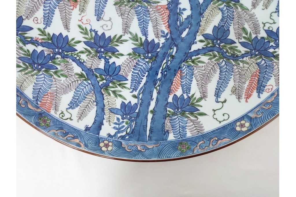 源右衛門　有田焼　染錦藤絵　直径約46cm(1尺5寸)　繊細な絵付けが優美な大皿　共箱付き　(R-087895)