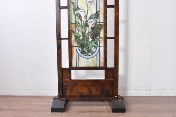 中古　美品　ステンドグラス作家　川島政則作　カラーの意匠が美しいステンドグラス入り衝立　定価約40万円　(R-087900)