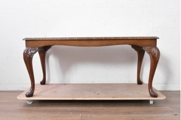 イギリスヴィンテージ　彫り模様が上品なガラストップローテーブル　(R-087908)
