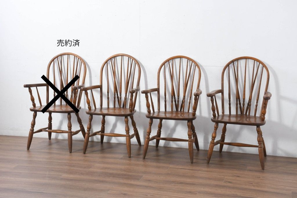 和製ヴィンテージ　美品　柏木工(KASHIWA)　楢(ナラ)材　挽き物加工が施された背もたれと脚が魅力的なアームチェア3脚セット　(R-087927)