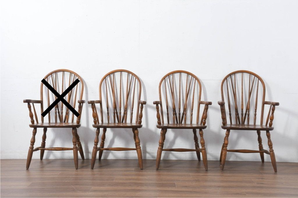 和製ヴィンテージ　美品　柏木工(KASHIWA)　楢(ナラ)材　挽き物加工が施された背もたれと脚が魅力的なアームチェア3脚セット　(R-087927)