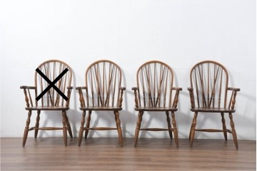 和製ヴィンテージ　美品　柏木工(KASHIWA)　楢(ナラ)材　挽き物加工が施された背もたれと脚が魅力的なアームチェア3脚セット　(R-087927)