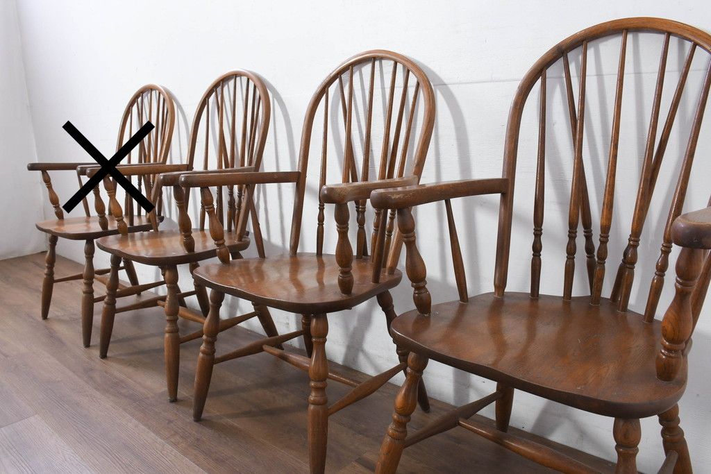 和製ヴィンテージ　美品　柏木工(KASHIWA)　楢(ナラ)材　挽き物加工が施された背もたれと脚が魅力的なアームチェア3脚セット　(R-087927)