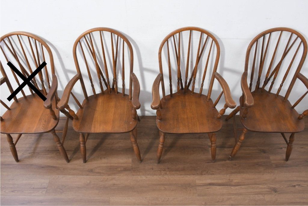 和製ヴィンテージ　美品　柏木工(KASHIWA)　楢(ナラ)材　挽き物加工が施された背もたれと脚が魅力的なアームチェア3脚セット　(R-087927)