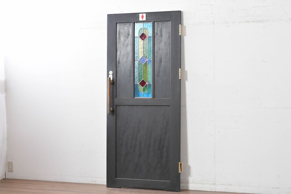 中古建具　鮮やかな色ガラスを組み合わせた職人手作りのステンドグラス入りドア1枚　(R-088005)