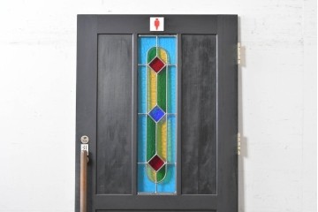 中古建具　鮮やかな色ガラスを組み合わせた職人手作りのステンドグラス入りドア1枚　(R-088005)