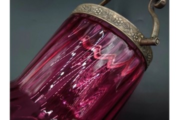 西洋アンティーク　イギリス　ビスケットバレル・ボウル・バスケット(デビッドソン社)　美しい色合いが魅力のガラス食器3点セット　(R-088023)
