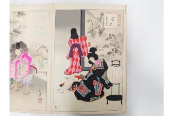 真作　明治期　浮世絵　版画画帳　水野年方・尾形月耕・宮川春汀・楊州周延・梅堂小国政(柳蛙)など　3枚続・6枚続を含む木版画109枚セット　(R-088030)