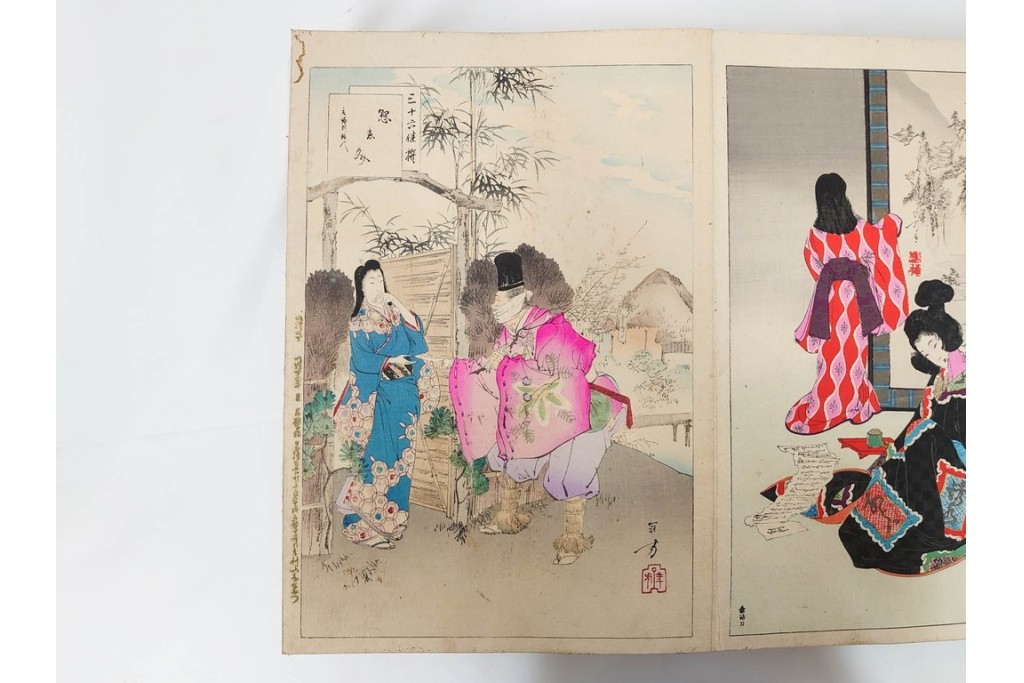 真作　明治期　浮世絵　版画画帳　水野年方・尾形月耕・宮川春汀・楊州周延・梅堂小国政(柳蛙)など　3枚続・6枚続を含む木版画109枚セット　(R-088030)