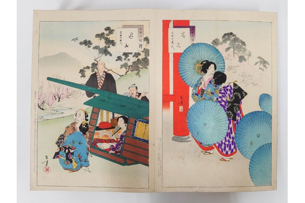 真作　明治期　浮世絵　版画画帳　水野年方・尾形月耕・宮川春汀・楊州周延・梅堂小国政(柳蛙)など　3枚続・6枚続を含む木版画109枚セット　(R-088030)