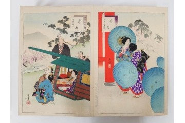 真作　明治期　浮世絵　版画画帳　水野年方・尾形月耕・宮川春汀・楊州周延・梅堂小国政(柳蛙)など　3枚続・6枚続を含む木版画109枚セット　(R-088030)
