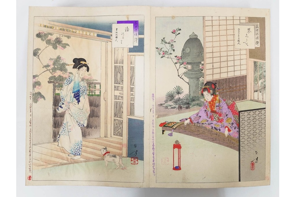 真作　明治期　浮世絵　版画画帳　水野年方・尾形月耕・宮川春汀・楊州周延・梅堂小国政(柳蛙)など　3枚続・6枚続を含む木版画109枚セット　(R-088030)