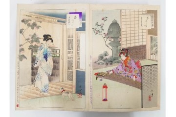 真作　明治期　浮世絵　版画画帳　水野年方・尾形月耕・宮川春汀・楊州周延・梅堂小国政(柳蛙)など　3枚続・6枚続を含む木版画109枚セット　(R-088030)