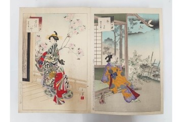 真作　明治期　浮世絵　版画画帳　水野年方・尾形月耕・宮川春汀・楊州周延・梅堂小国政(柳蛙)など　3枚続・6枚続を含む木版画109枚セット　(R-088030)