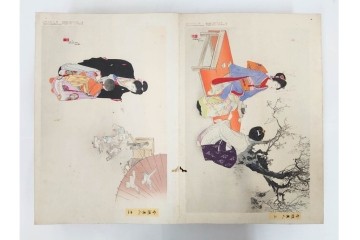 真作　明治期　浮世絵　版画画帳　水野年方・尾形月耕・宮川春汀・楊州周延・梅堂小国政(柳蛙)など　3枚続・6枚続を含む木版画109枚セット　(R-088030)
