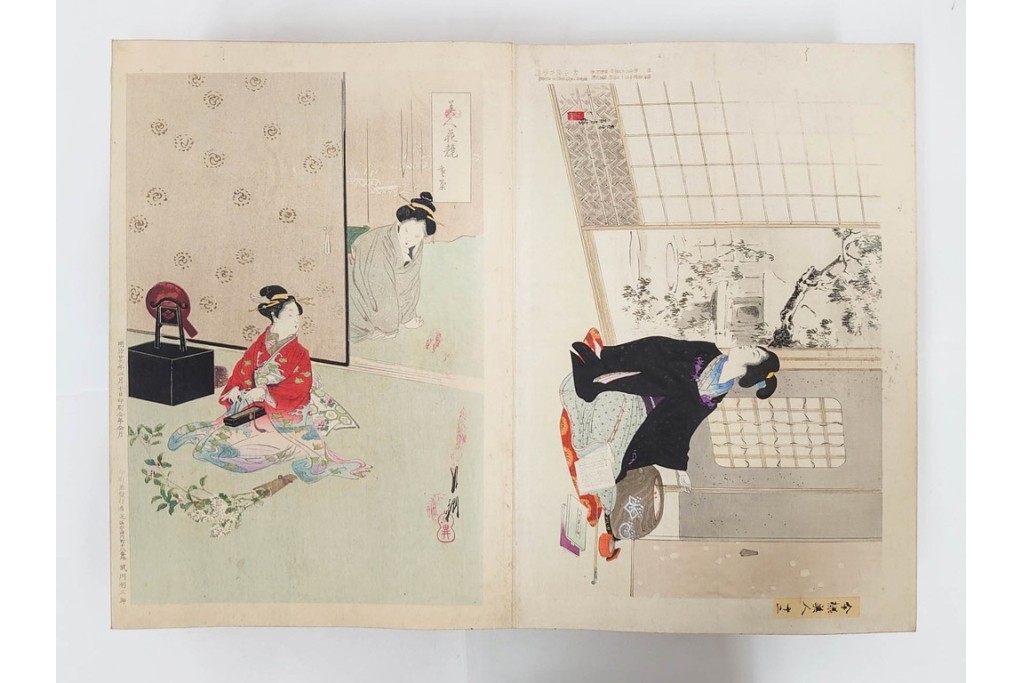 真作　明治期　浮世絵　版画画帳　水野年方・尾形月耕・宮川春汀・楊州周延・梅堂小国政(柳蛙)など　3枚続・6枚続を含む木版画109枚セット　(R-088030)