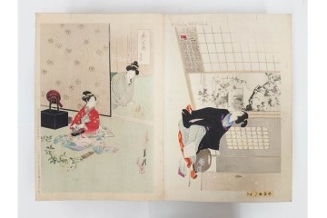 真作　明治期　浮世絵　版画画帳　水野年方・尾形月耕・宮川春汀・楊州周延・梅堂小国政(柳蛙)など　3枚続・6枚続を含む木版画109枚セット　(R-088030)