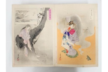 真作　明治期　浮世絵　版画画帳　水野年方・尾形月耕・宮川春汀・楊州周延・梅堂小国政(柳蛙)など　3枚続・6枚続を含む木版画109枚セット　(R-088030)