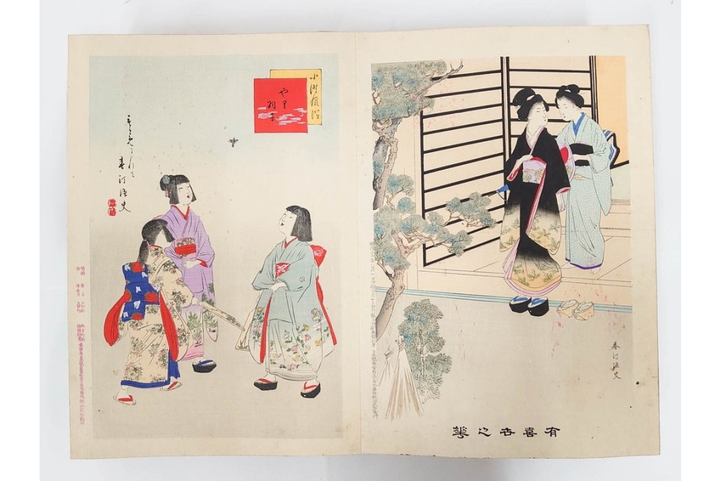 真作　明治期　浮世絵　版画画帳　水野年方・尾形月耕・宮川春汀・楊州周延・梅堂小国政(柳蛙)など　3枚続・6枚続を含む木版画109枚セット　(R-088030)