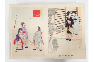 真作　明治期　浮世絵　版画画帳　水野年方・尾形月耕・宮川春汀・楊州周延・梅堂小国政(柳蛙)など　3枚続・6枚続を含む木版画109枚セット　(R-088030)