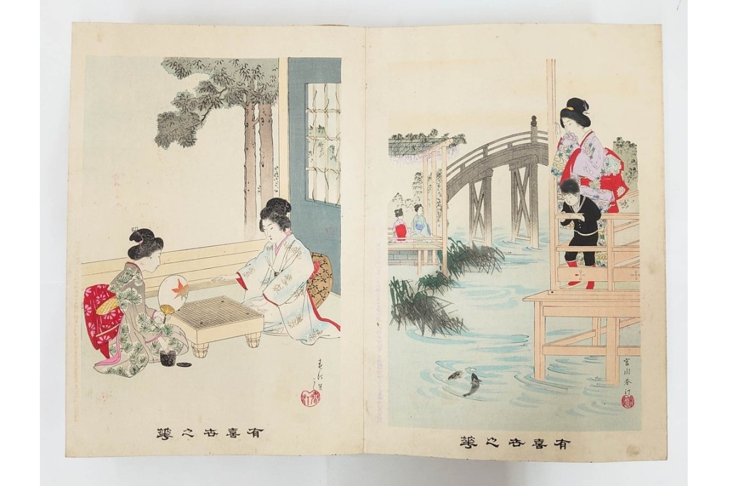 真作　明治期　浮世絵　版画画帳　水野年方・尾形月耕・宮川春汀・楊州周延・梅堂小国政(柳蛙)など　3枚続・6枚続を含む木版画109枚セット　(R-088030)