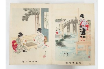 真作　明治期　浮世絵　版画画帳　水野年方・尾形月耕・宮川春汀・楊州周延・梅堂小国政(柳蛙)など　3枚続・6枚続を含む木版画109枚セット　(R-088030)