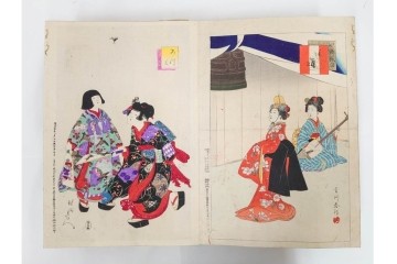 真作　明治期　浮世絵　版画画帳　水野年方・尾形月耕・宮川春汀・楊州周延・梅堂小国政(柳蛙)など　3枚続・6枚続を含む木版画109枚セット　(R-088030)