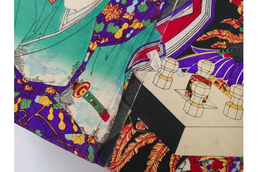 真作　明治期　浮世絵　版画画帳　水野年方・尾形月耕・宮川春汀・楊州周延・梅堂小国政(柳蛙)など　3枚続・6枚続を含む木版画109枚セット　(R-088030)