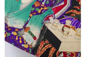 真作　明治期　浮世絵　版画画帳　水野年方・尾形月耕・宮川春汀・楊州周延・梅堂小国政(柳蛙)など　3枚続・6枚続を含む木版画109枚セット　(R-088030)