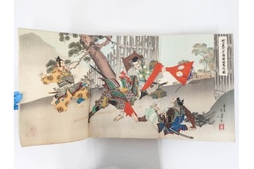 真作　明治期　浮世絵　版画画帳　水野年方・尾形月耕・宮川春汀・楊州周延・梅堂小国政(柳蛙)など　3枚続・6枚続を含む木版画109枚セット　(R-088030)