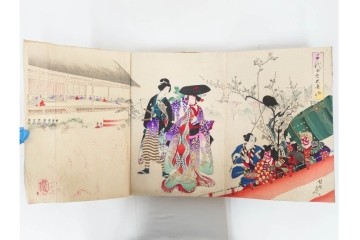真作　明治期　浮世絵　版画画帳　水野年方・尾形月耕・宮川春汀・楊州周延・梅堂小国政(柳蛙)など　3枚続・6枚続を含む木版画109枚セット　(R-088030)