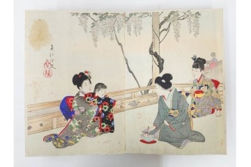 真作　明治期　浮世絵　版画画帳　水野年方・尾形月耕・宮川春汀・楊州周延・梅堂小国政(柳蛙)など　3枚続・6枚続を含む木版画109枚セット　(R-088030)