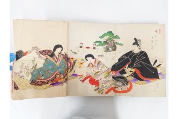 真作　明治期　浮世絵　版画画帳　水野年方・尾形月耕・宮川春汀・楊州周延・梅堂小国政(柳蛙)など　3枚続・6枚続を含む木版画109枚セット　(R-088030)
