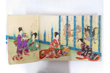 真作　明治期　浮世絵　版画画帳　水野年方・尾形月耕・宮川春汀・楊州周延・梅堂小国政(柳蛙)など　3枚続・6枚続を含む木版画109枚セット　(R-088030)