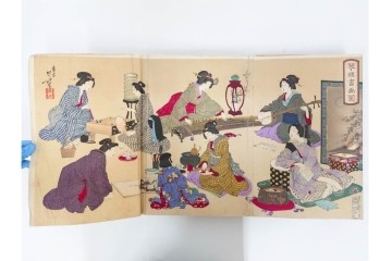真作　明治期　浮世絵　版画画帳　水野年方・尾形月耕・宮川春汀・楊州周延・梅堂小国政(柳蛙)など　3枚続・6枚続を含む木版画109枚セット　(R-088030)