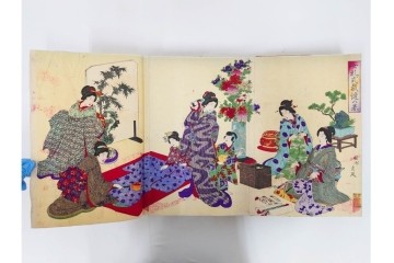 真作　明治期　浮世絵　版画画帳　水野年方・尾形月耕・宮川春汀・楊州周延・梅堂小国政(柳蛙)など　3枚続・6枚続を含む木版画109枚セット　(R-088030)