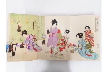 真作　明治期　浮世絵　版画画帳　水野年方・尾形月耕・宮川春汀・楊州周延・梅堂小国政(柳蛙)など　3枚続・6枚続を含む木版画109枚セット　(R-088030)