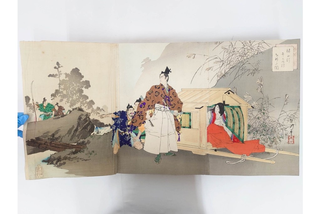 真作　明治期　浮世絵　版画画帳　水野年方・尾形月耕・宮川春汀・楊州周延・梅堂小国政(柳蛙)など　3枚続・6枚続を含む木版画109枚セット　(R-088030)